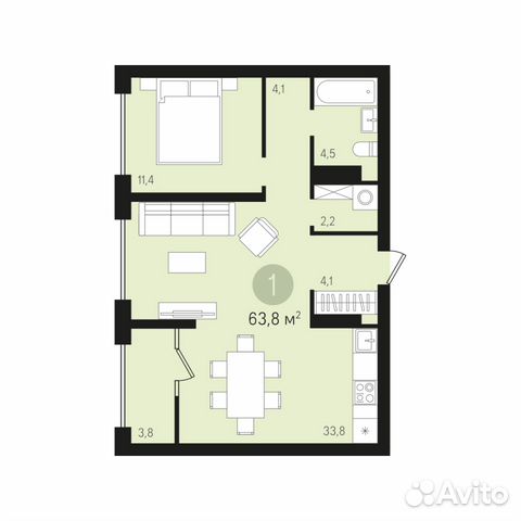 1-к квартира, 63.7 м², 2/8 эт.