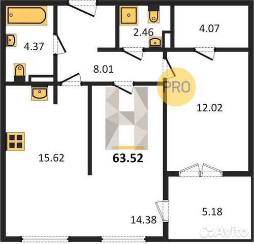 2-к квартира, 63.5 м², 5/9 эт.