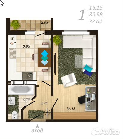 1-к квартира, 32 м², 6/10 эт.
