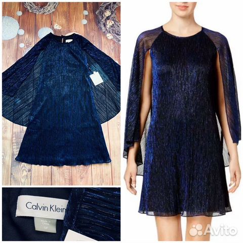 Летящее синее платье с кейпом Calvin Klein XS Летящее синее платье с кейпом Calvin Klein XS