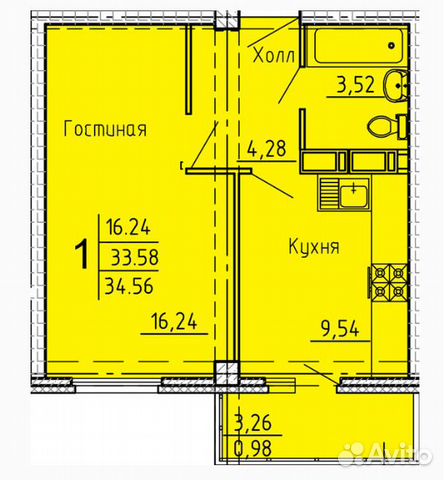1-к квартира, 34.6 м², 8/18 эт. 1-к квартира, 34.6 м², 8/18 эт.
