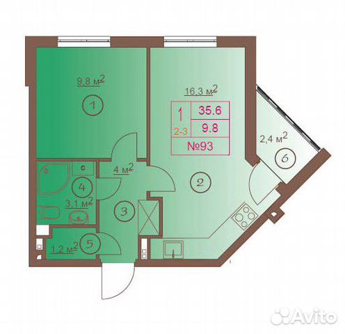 1-к квартира, 35.6 м², 2/4 эт.