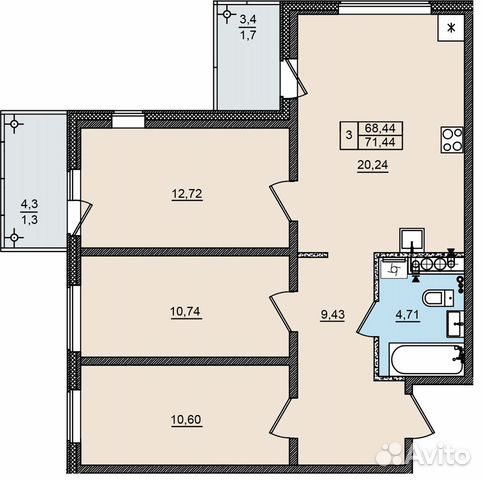 3-к квартира, 71.4 м², 3/9 эт.