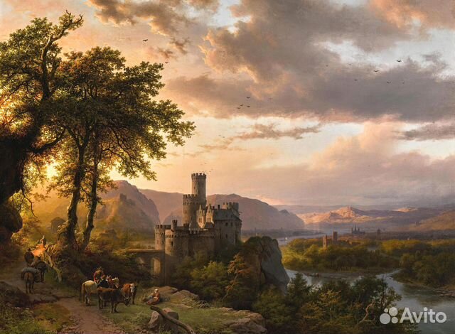 Картина 19 в. на холсте -Холмистый пейзаж с замком
