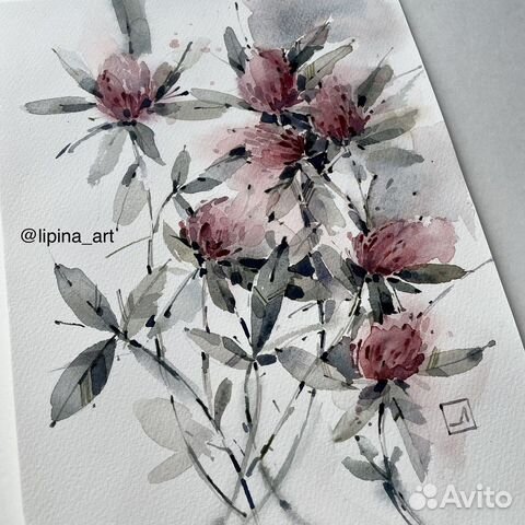 Картина акварель цветы клевер живопись