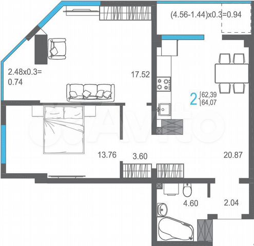 2-к. квартира, 64,1 м², 9/15 эт.