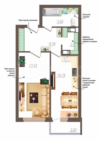1-к. квартира, 50,4 м², 16/19 эт.