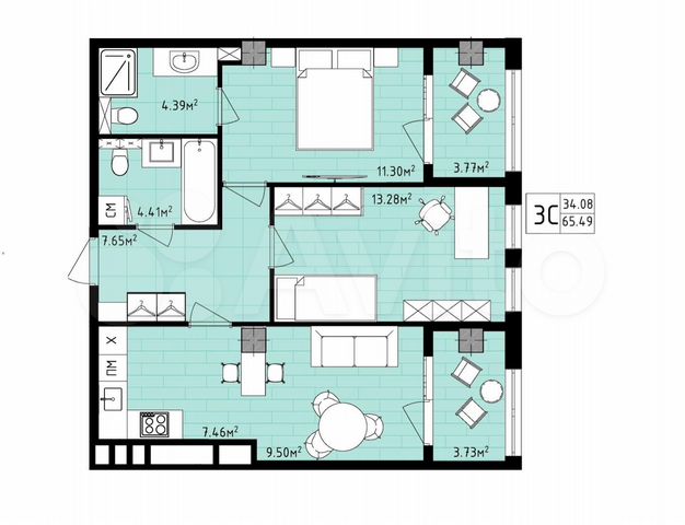 3-к. квартира, 65,5 м², 9/16 эт.