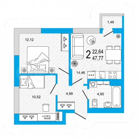 2-к. квартира, 47,8 м², 6/26 эт.