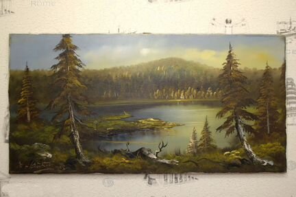 Картина масло холст пейзаж лес озеро Германия подп