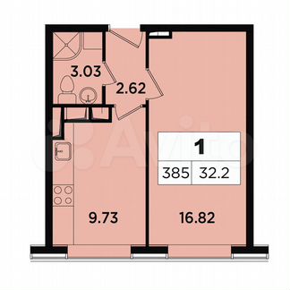 1-к апартаменты, 32.2 м², 17/18 эт.