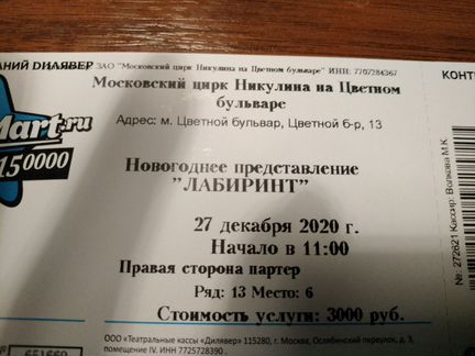 Билет в цирк Никулина на Новогоднее представление
