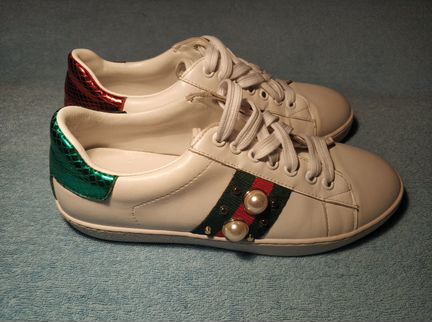 Кроссовки кожаные белые типа Gucci Ace