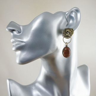 Серьги Львы с Яшмой Пикассо терракотовые