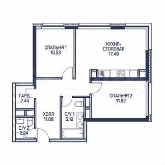 2-к квартира, 62.1 м², 1/22 эт.