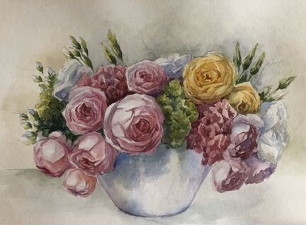 Акварель Розы и Гортензия Цветочная композиция