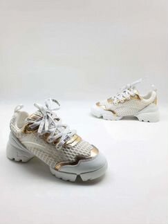 Кроссовки кеды белые кожа золото Диор