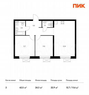 2-к квартира, 62.5 м², 27/33 эт.